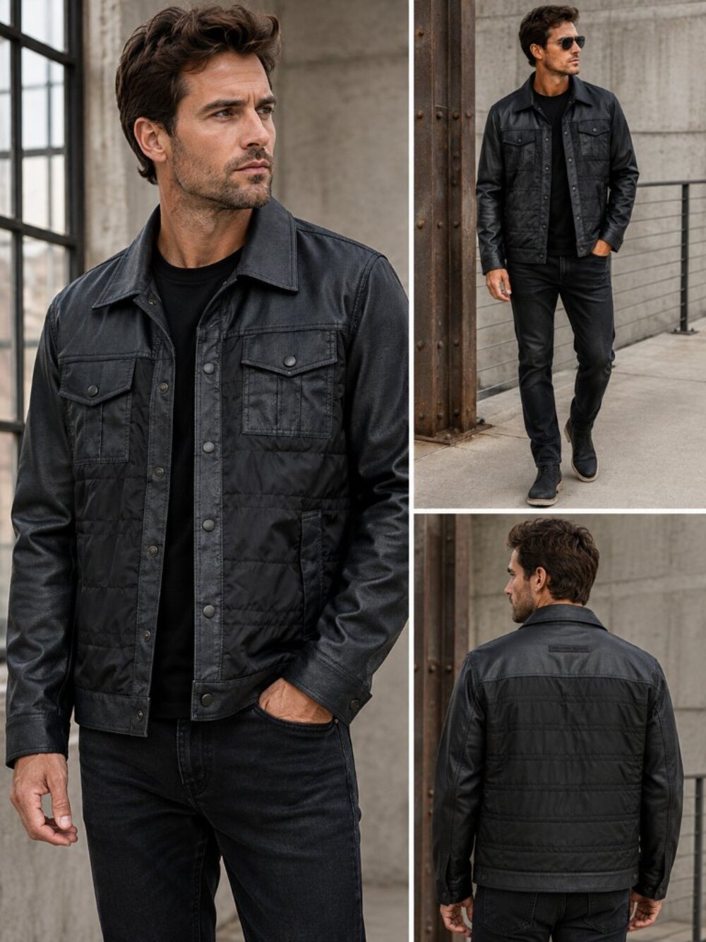 Benjamin Black Med Men’s Black Mixed Media Faux Leather Quilted Trucker Jacket